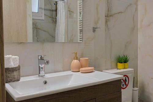 a bathroom with a white sink and a mirror at Zeta-Garden Oasis & Private Parking by Optimum Link in Katerini