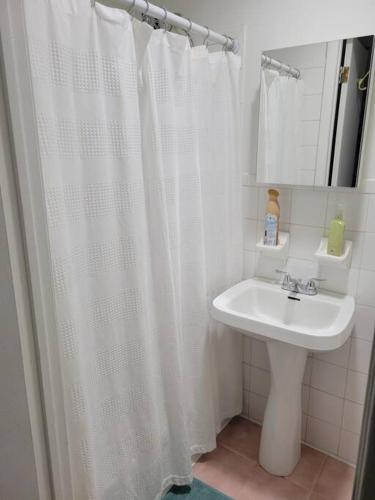 a bathroom with a white shower curtain and a sink at Private apartment, NOT SHARED, Near public transportation, SUPER fast free WIFI, Due to NY restrictions it can only be booked for 30 nights or more, even if the site allows you to book it, I WILL NOT be able to accept the reservation, 30 NIGHTS MINIMUM in Hunts Point