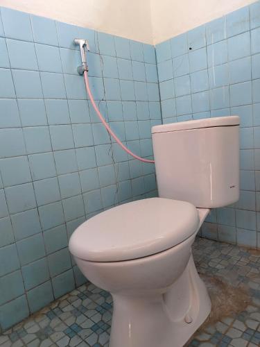 a white toilet in a bathroom with a hose at Volcano Bali House in Kubupenlokan