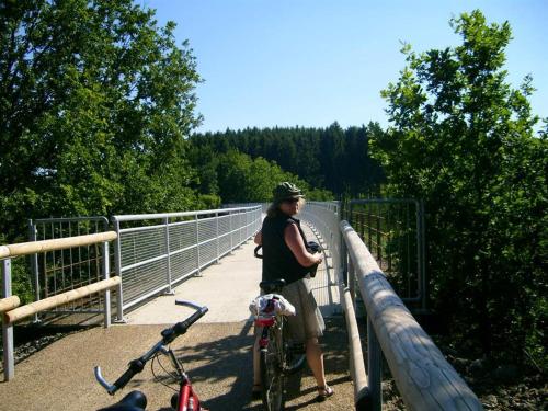 a woman standing on a bridge with her bike at Ferienwohnung Kribs in Arzfeld