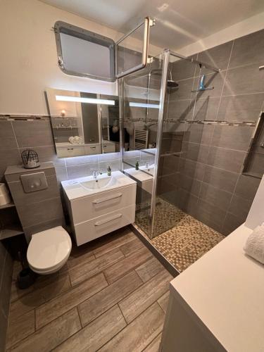 une salle de bain avec toilettes, lavabo et douche dans l'établissement Provencal, à Cagnes-sur-Mer