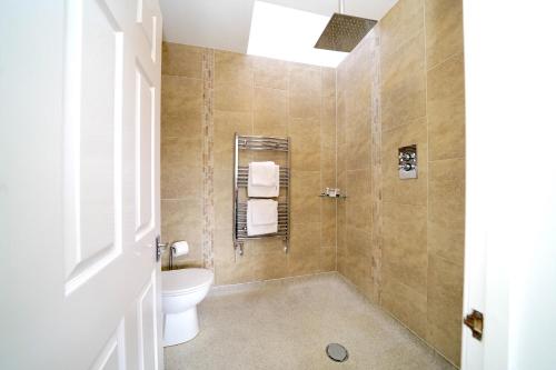 un baño con inodoro y ducha en Lower Lodge, en Cardeston