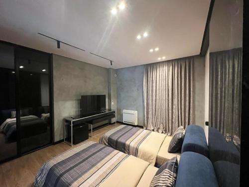 1 dormitorio con 2 camas, sofá y TV en Remarkable Apartment, en Tirana