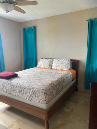a bedroom with a bed with blue curtains at Top of the Hill Blue Sunshine in Long Swamp