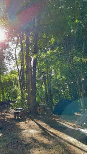 dos mesas de picnic y una tienda azul en un parque en Espaço camping -Barraca 3, en Itapira