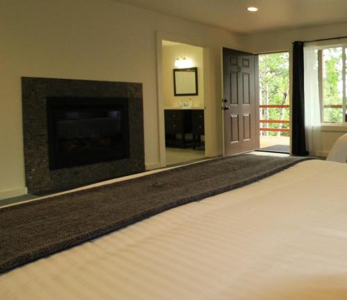 ein Schlafzimmer mit einem Kamin, einem Bett und einem TV in der Unterkunft Great Alaska Adventure Lodge in Sterling
