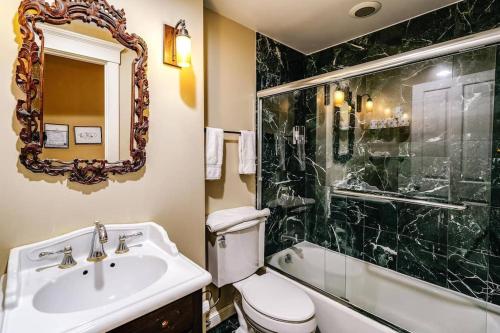 a bathroom with a toilet and a sink and a mirror at Brownstone 2 entire units Gold Coast in Chicago