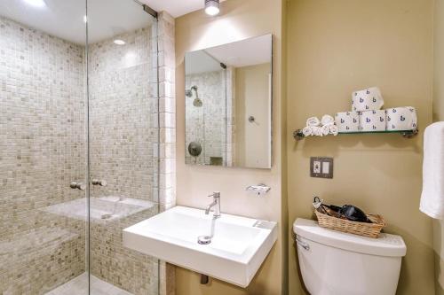 芝加哥的住宿－Brownstone in Gold Coast，浴室配有卫生间、盥洗盆和淋浴。