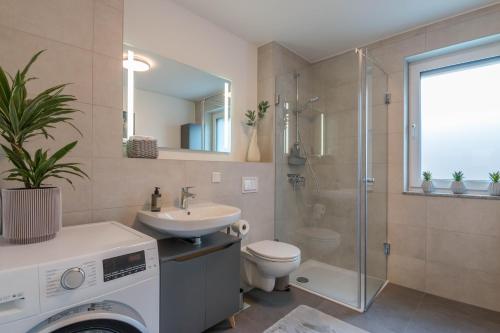 La salle de bains est pourvue d'un lavabo, de toilettes et d'une douche. dans l'établissement Premium Business Appartement Wiesbaden, à Wiesbaden