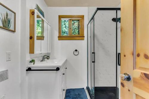 a bathroom with a sink and a shower at Entire cottage in Algonquin Highlands Canada in Algonquin Highlands