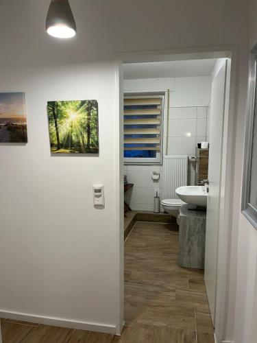 ein Bad mit einem WC und einem Waschbecken in der Unterkunft Wunderschöne Ferienwohnung mit Balkon auf dem Bauernhof in Greven