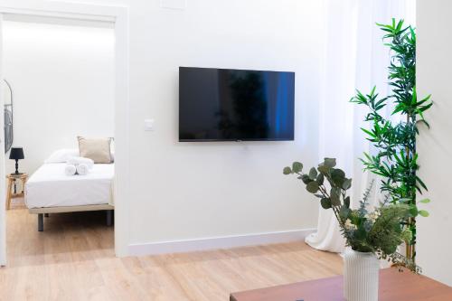 a living room with a tv on a white wall at BILBAO NORTH SHORE APARTMENTS 2 in Bilbao