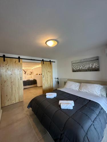 a bedroom with a large bed with two towels on it at Sophia & Chris Studios in Santa Maria