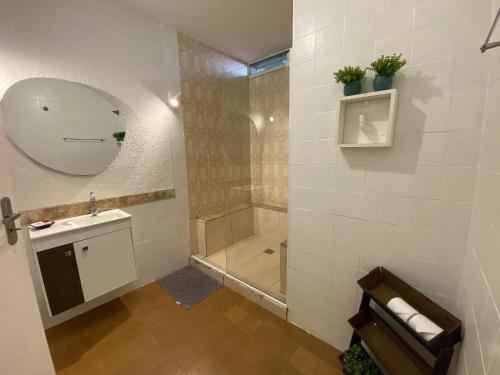 y baño con ducha, lavabo y espejo. en POUSADA MUNDI MORUMBI, en São Paulo