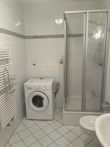 y baño con lavadora y ducha. en Central apartment, en Dresden