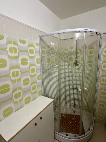 La salle de bains est pourvue d'une douche et d'une cabine de verre. dans l'établissement Garsoniera ultracentral, à Bacău