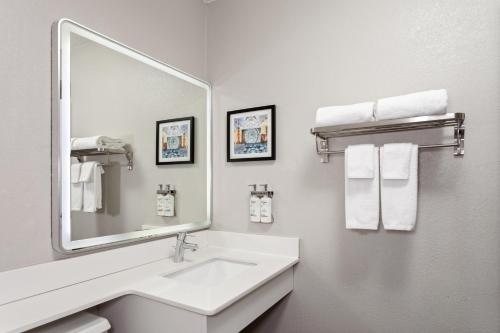 La salle de bains est pourvue d'un lavabo, d'un miroir et de serviettes. dans l'établissement Holiday Inn Chicago/Oak Brook, an IHG Hotel, à Oakbrook Terrace