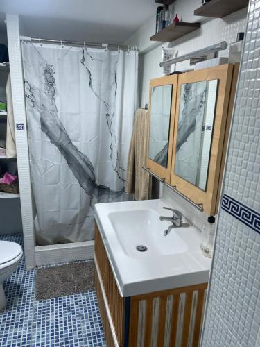 a bathroom with a sink and a shower at Choza Azahares in Santiponce