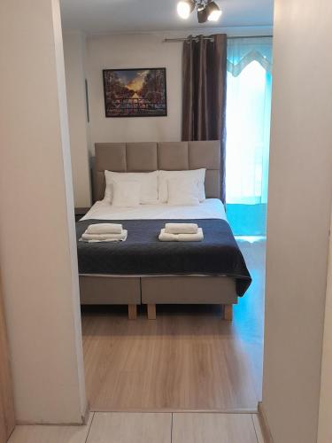 克拉科夫的住宿－克羅爾斯基公寓，一间卧室配有一张床,上面有两条毛巾