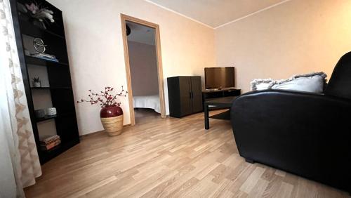 a living room with a couch and a television at Struve Apartment City Centre in Tartu