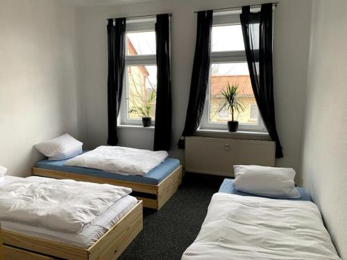 two beds in a room with two windows at Moderne Wohnung nahe Bahnhof und dem Goitzschesee in Bitterfeld