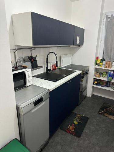 une petite cuisine avec un évier et un micro-ondes dans l'établissement Appt entier MONPARNASSE avec TERRASSE et PARKING, à Paris