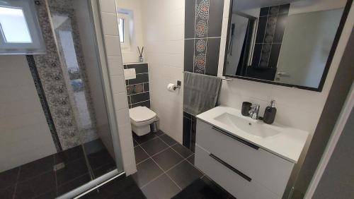 La petite salle de bains est pourvue d'un lavabo et de toilettes. dans l'établissement Dom na Červenej Veži, à Banka