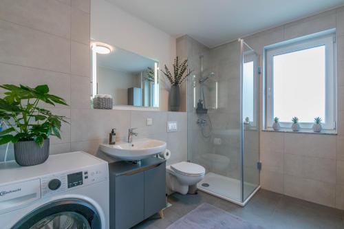 a bathroom with a toilet and a sink and a washing machine at Wiesbaden Business Appartement in Wiesbaden
