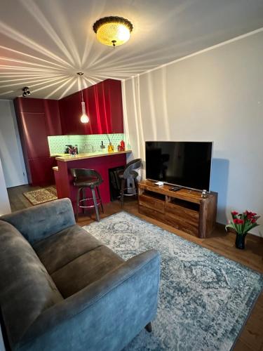Il comprend un salon doté d'un canapé et d'une télévision à écran plat. dans l'établissement Apartament Luca, à Cracovie