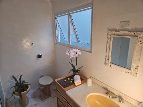 a bathroom with a sink and a toilet and a mirror at Espaço Semente Solar Jade in Porto Alegre