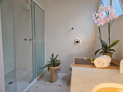 a bathroom with a glass shower and a sink at Espaço Semente Solar Jade in Porto Alegre