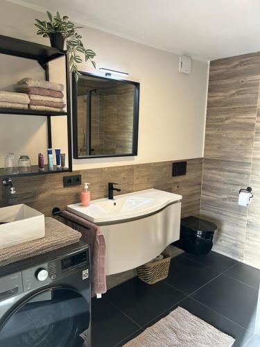 a bathroom with a sink and a washing machine at Ferienwohnung Ambiente 1 in Naumburg