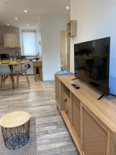 a living room with a large flat screen tv at Verger - Parking gratuit - Calme in Chambéry