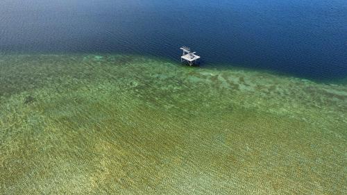 an aerial view of a boat in the water at Strandbad Steckborn mit Herberge, Camping & Glamping in Steckborn
