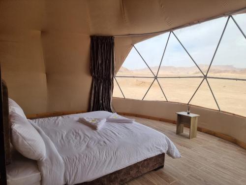 瓦迪拉姆的住宿－Rum Magic Desert，一间卧室配有一张床,享有沙漠美景