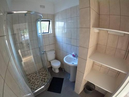 a bathroom with a shower and a toilet and a sink at A nice bungalow in Sexaxa. in Mirapene