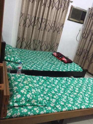 1 dormitorio con 2 camas y edredón verde en Rainbow Guest House, en Dhaka