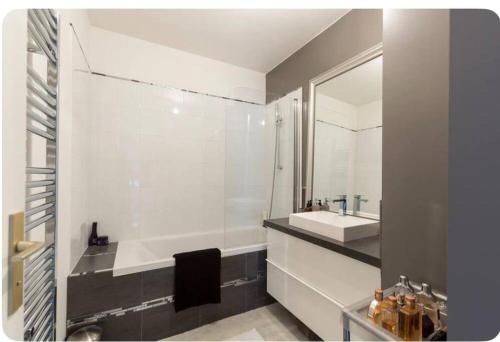 une salle de bain blanche avec un lavabo et un miroir dans l'établissement Appartement au pied du Stade de France, à Saint-Denis