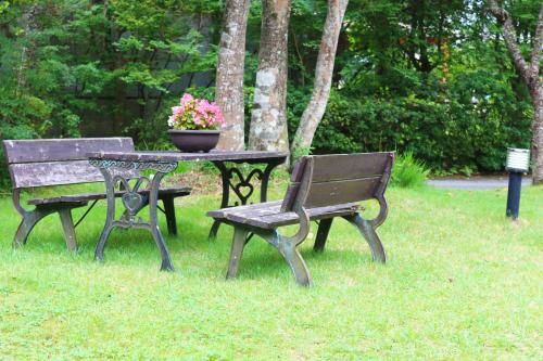 two park benches and a table with a potted plant at Kounso in Yamanakako