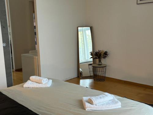 duas toalhas sentadas numa cama num quarto em L&L apartment em Bruxelas