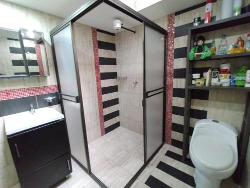 a bathroom with a shower with a toilet and a sink at Habitacion privada en casa familiar con bano compartido in Armenia