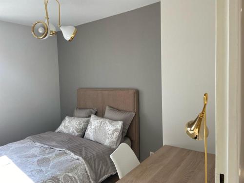 ein Schlafzimmer mit einem Bett, einem Tisch und einer Lampe in der Unterkunft Winnie- Chambre dans un appartement spacieux et charmant in Roanne