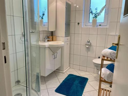 uma casa de banho com um chuveiro, um lavatório e um WC. em Haus-Jenina-Ferienwohnung em Cuxhaven