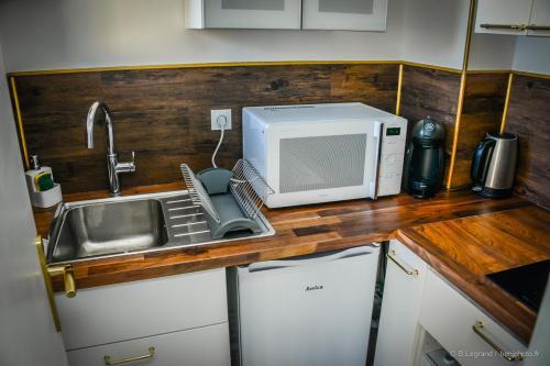 a kitchen counter with a microwave and a sink at STUDIO COSY in Cabourg