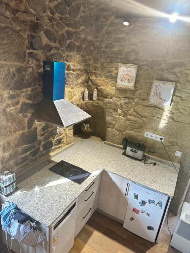 a kitchen with a stove and a stone wall at El nido del cuco in Padrón