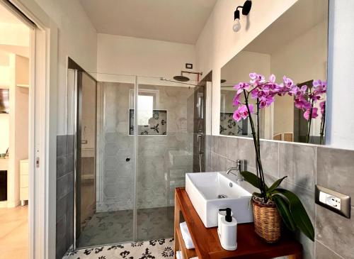 ein Bad mit einem Waschbecken und einer Dusche in der Unterkunft Casa Cunaci Bed and Breakfast in Capo Vaticano