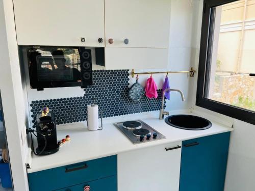 une petite cuisine avec un évier et un micro-ondes dans l'établissement Havre de paix MONACO, à Beausoleil