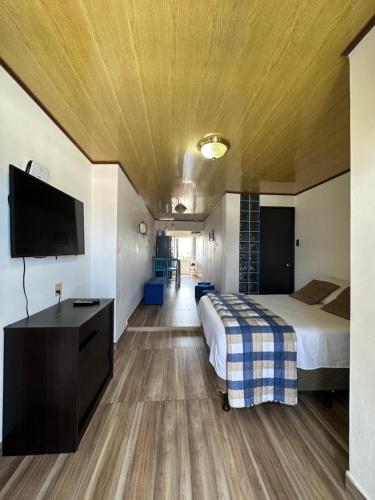 ein Hotelzimmer mit einem Bett und einem Flachbild-TV in der Unterkunft Sarie Bay Loft in San Andrés
