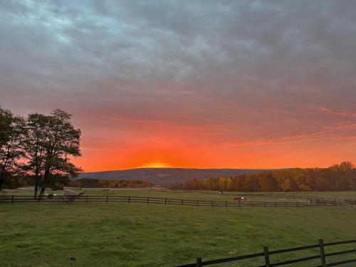 a sunset in a field with a fence and a field at Letchworth Farm Guesthouses in Nunda