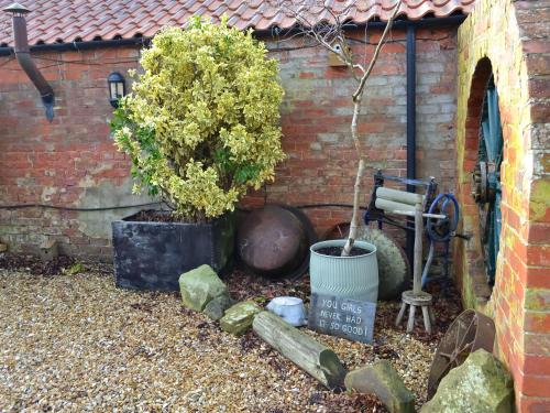 a garden with a tree and a brick wall at Pastimes Cottage - Uk46263 in Tetney